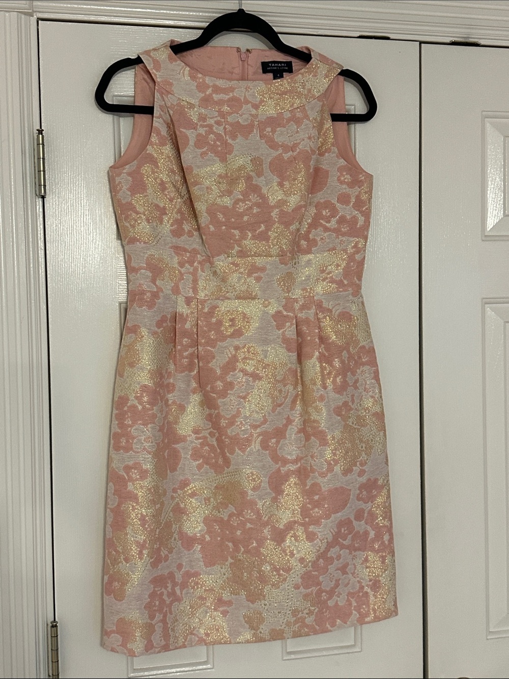 Tahari ASL Pink and Metallic Gold Floral Sheath Dress